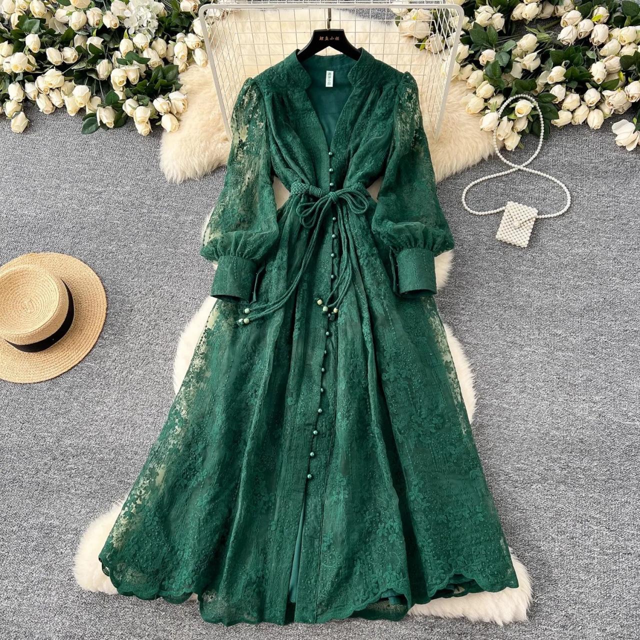 chinese dress ladies Dark Green Lace Short Sleeves V-Neck Mother of The Bride Dress