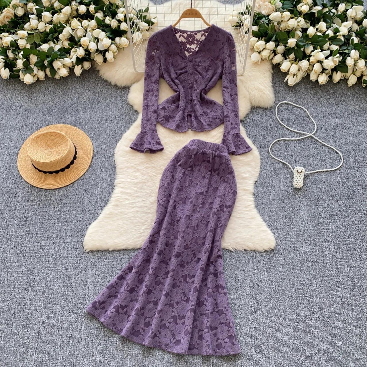 Purple Lace Peplum Top And Skirt on Luulla