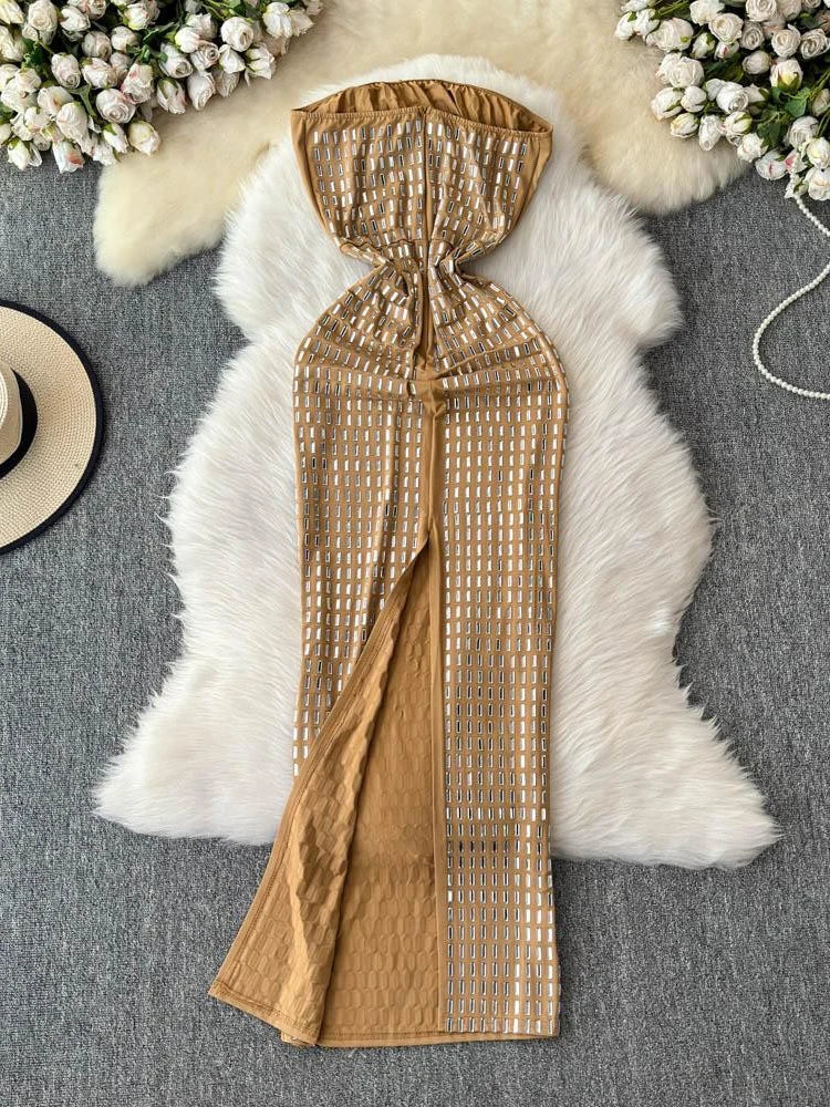 Metallic Gold Hooded Bodycon Dress With Slits