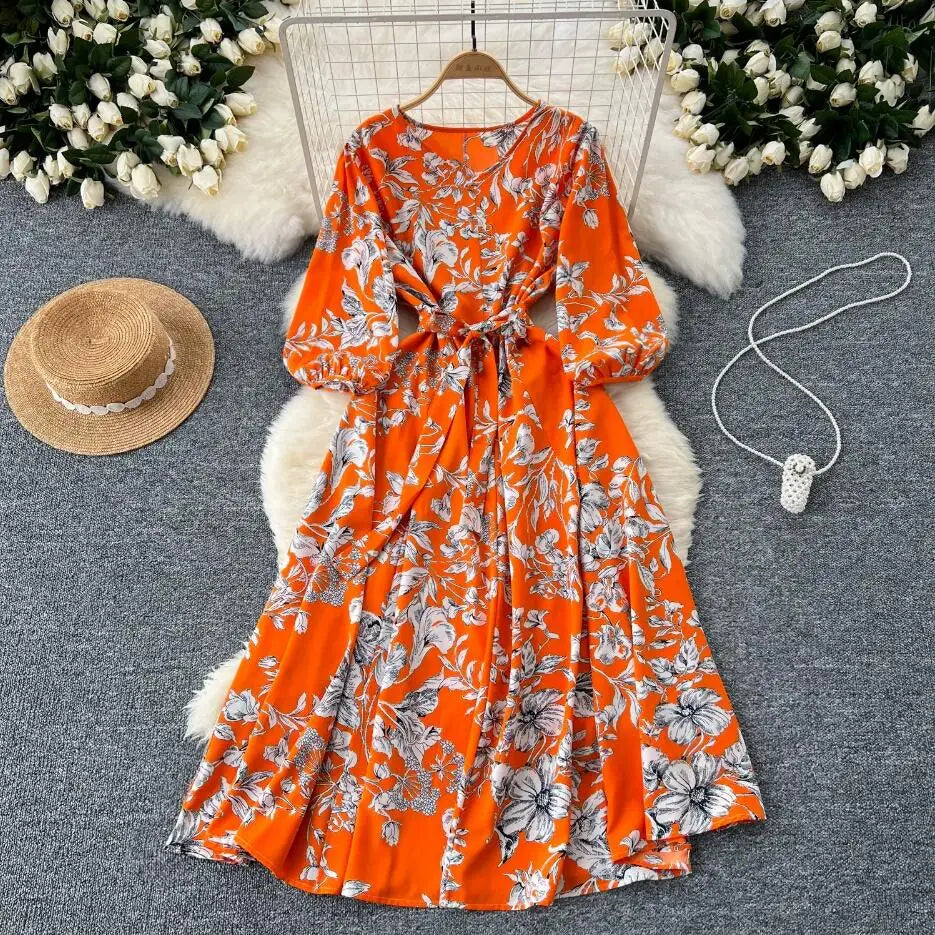 knee length dresses for ladies It's All Her Own Brown Multi Floral Print Cotton Maxi Dress
