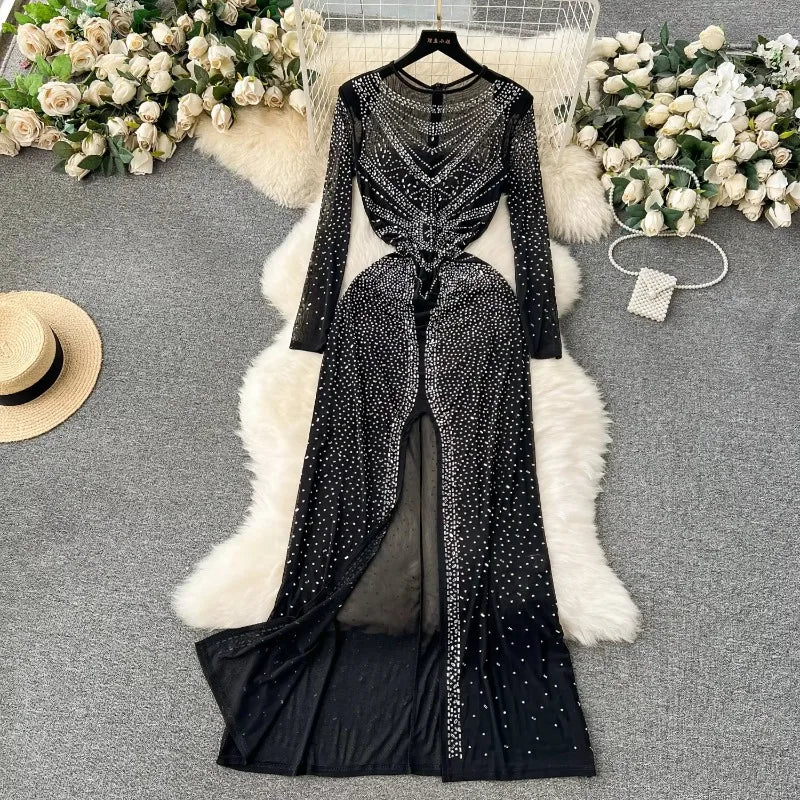chinese dress ladies Black Embellished Backless Plunge Maxi Dress main image 0