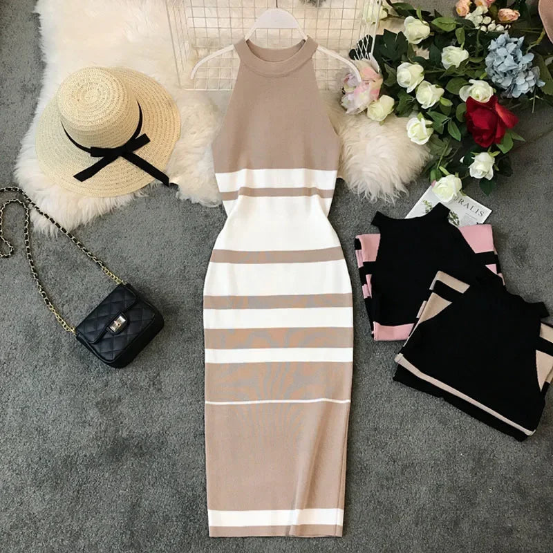 Striped Halter Midi Dress Comfortable Casual Wear