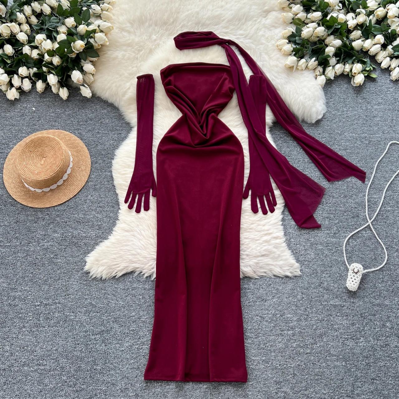 burgundy dress with scarf Mattea Slinky And Mesh Maxi Dress With Scarf / Burgundy | MESHKI main image 0