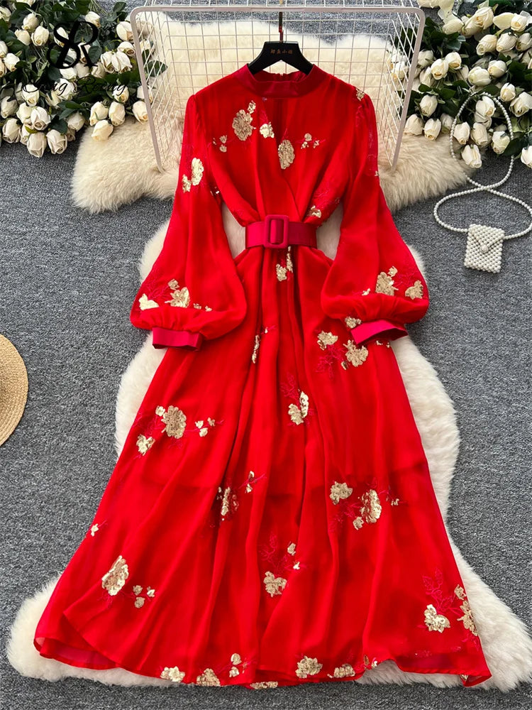 red long sleeve floral dress Cherry Pink Floral Long Sleeve Midi Dress - All Dresses