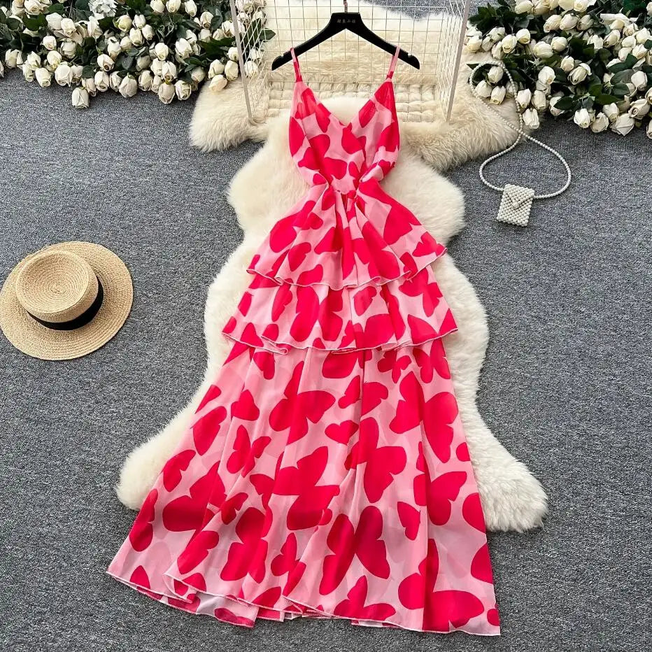 Vibrant Pink Layered Heart Print Maxi Dress