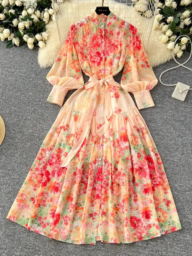 chinese dress ladies Floral Frill Trim Flounce Sleeve Plunge Maxi Dress – Charming Charlie main image 1