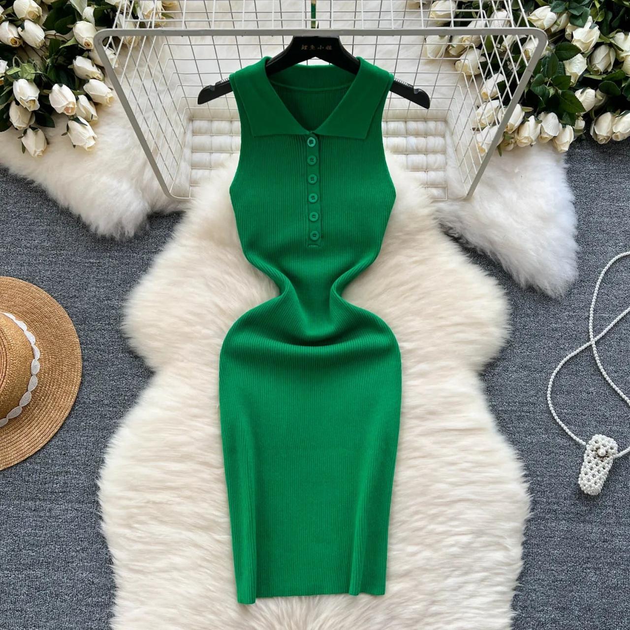 Sleeveless Green Ribbed Collared Midi Dress