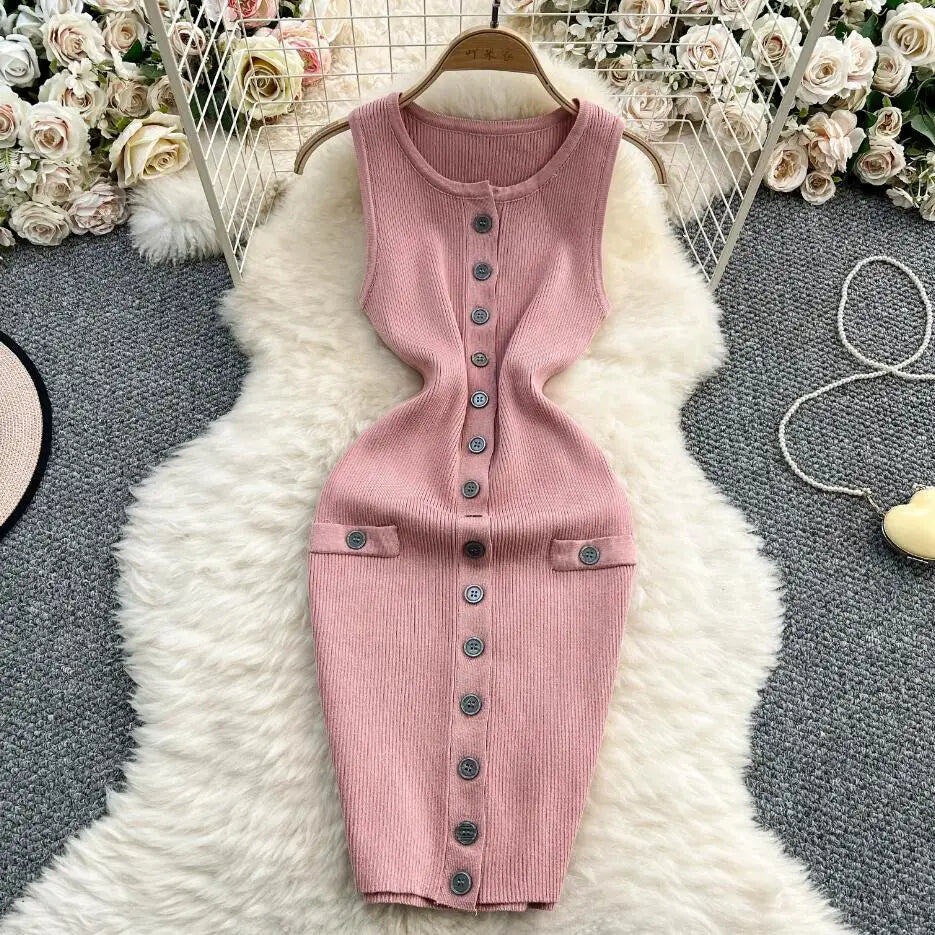 Sleeveless Pink Knitted Dress With Front Buttons