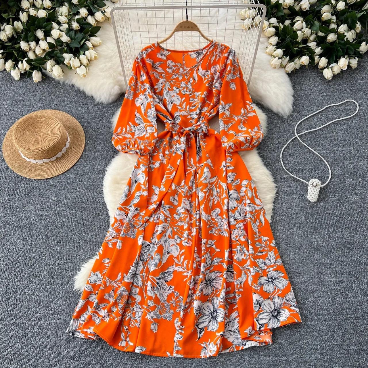 orange floral long sleeve dress Affectionate Feeling Floral Smocked Maxi Dress in Orange