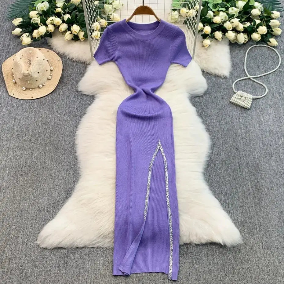 Purple Knit Dress With Side Slit And Belt