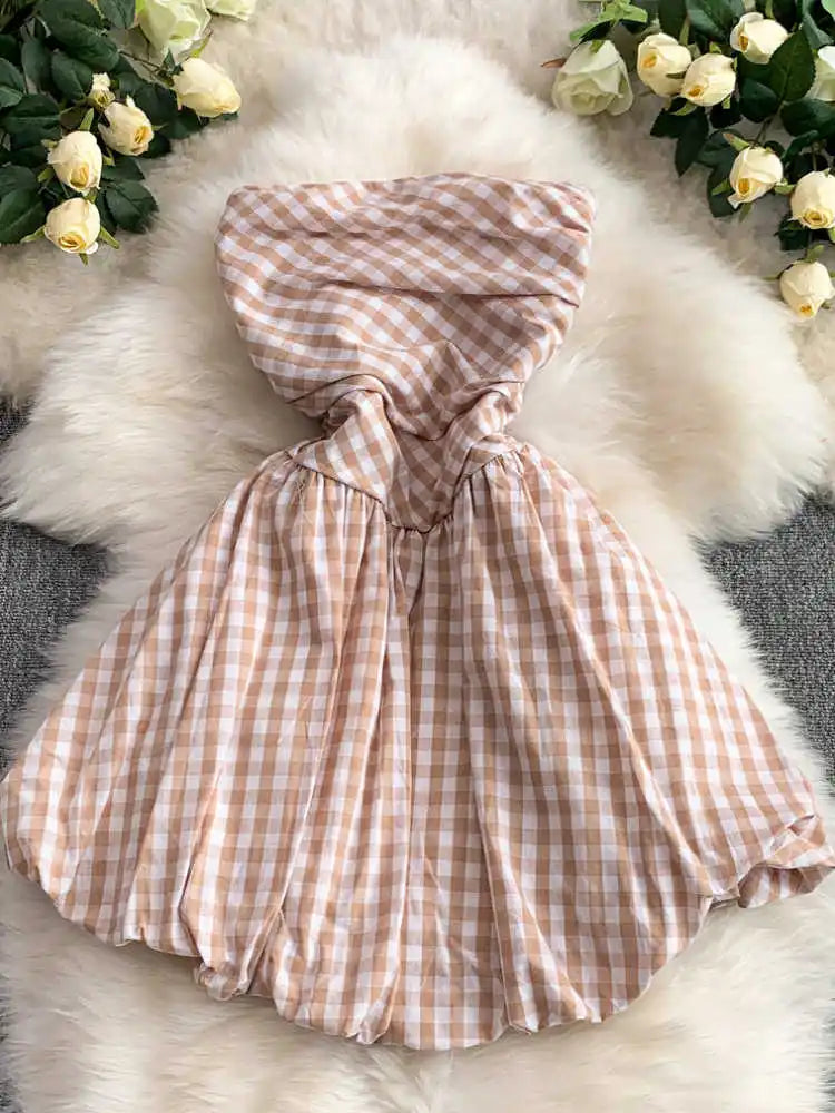 red gingham strapless dress Gingham Strapless Dress/Orange L