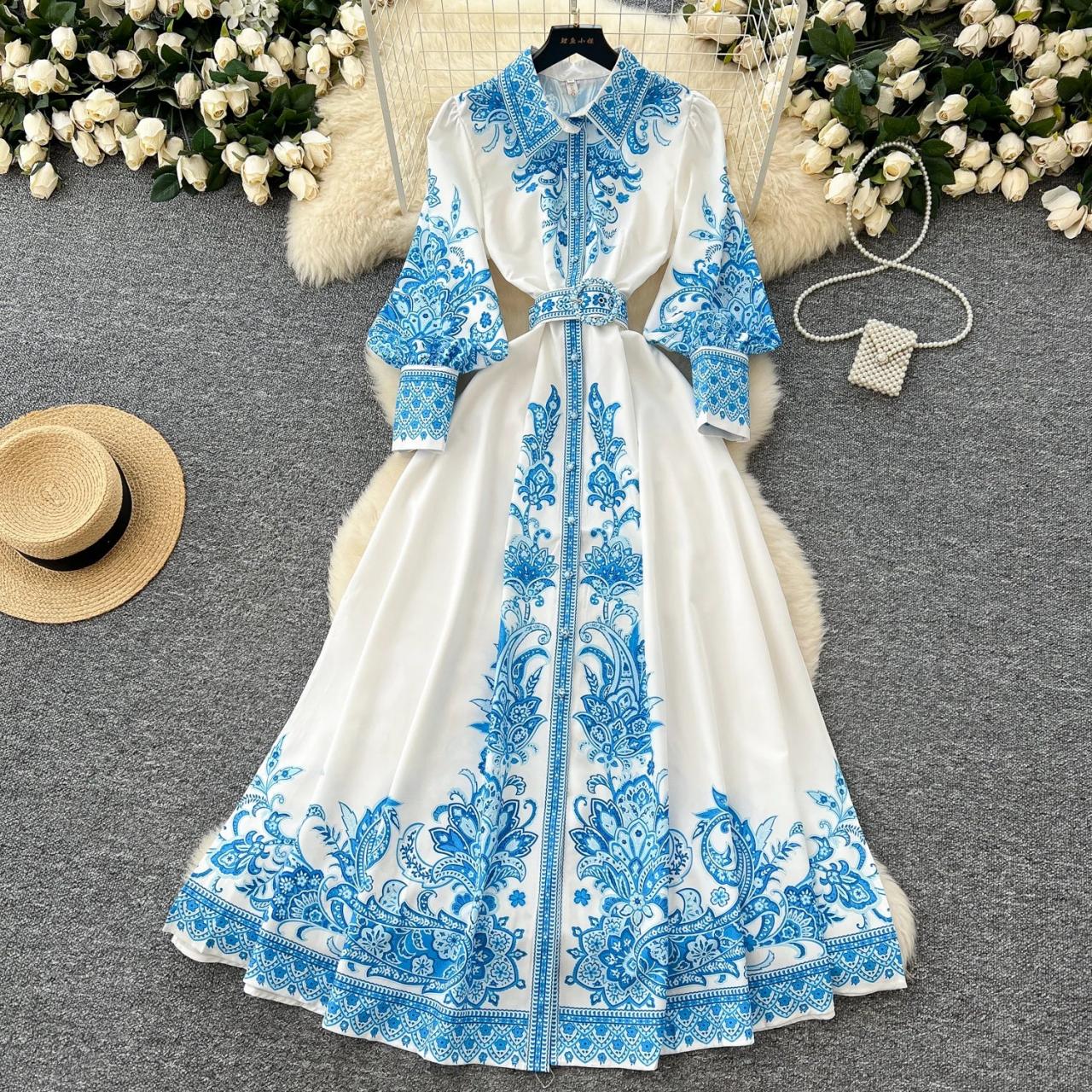 Floral Embroidered Long Sleeve Maxi Dress With Belt