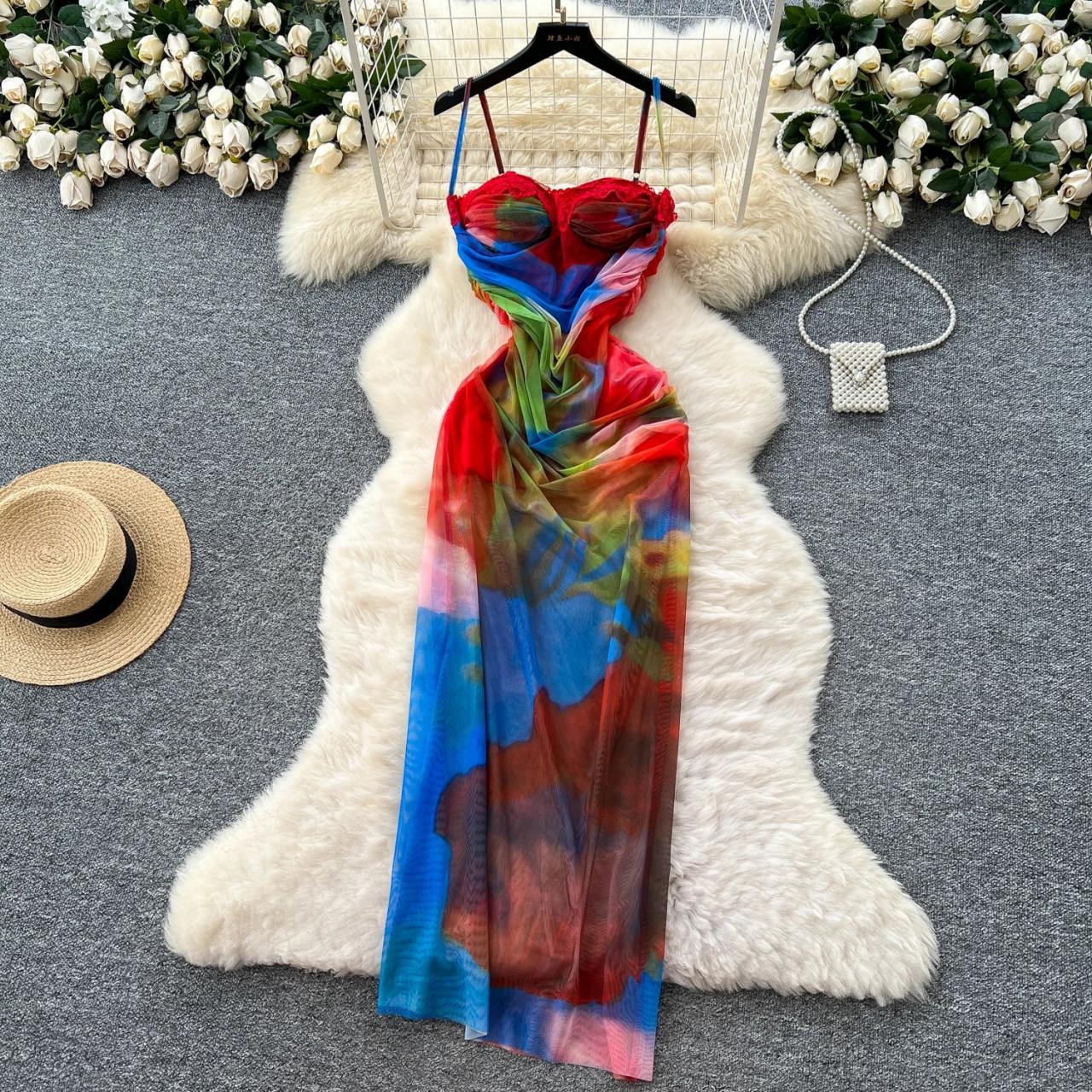 Vibrant Colorful Sleeveless Maxi Dress with Corset