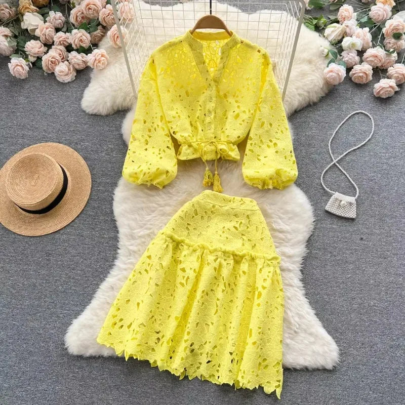 Yellow Floral Lace Two-piece Skirt And Top