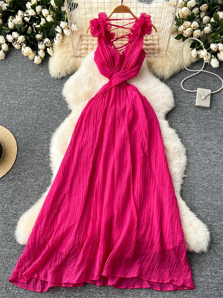 Sleeveless Crisscross V-neck Pink Summer Dress