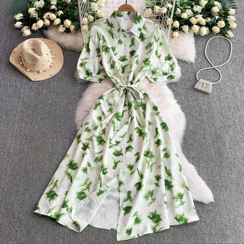 Leafy Print Belted Long Shirt Dress