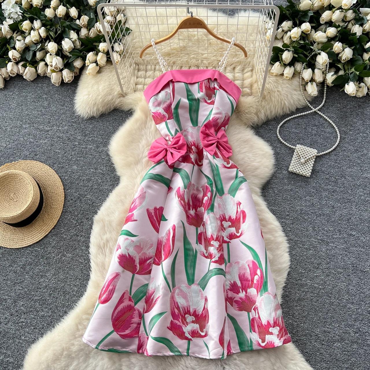 Floral Pink Halter Dress With Bow Accents