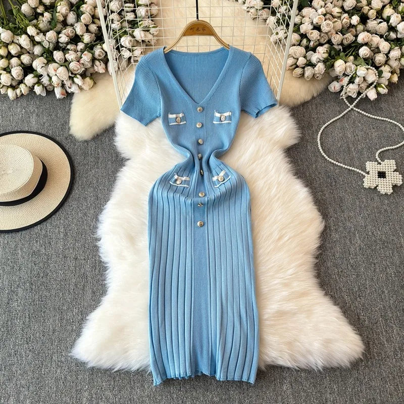Blue Ribbed Short Sleeve Buttoned Midi Dress