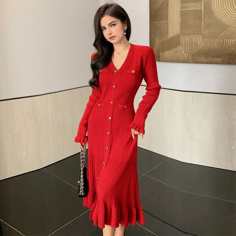 Red Long-Sleeve Buttoned Knit Midi Dress