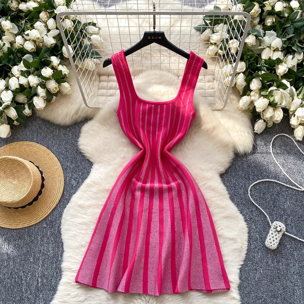 Pink Stripe Sleeveless Knit Dress, Flattering Fit