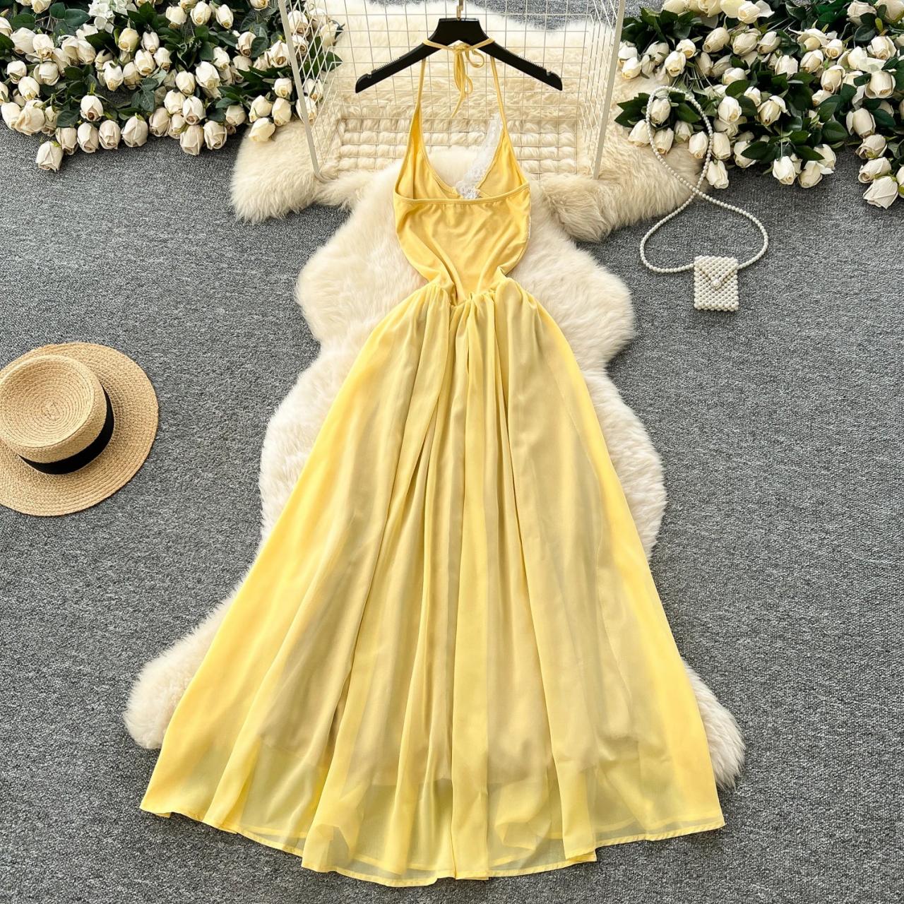 yellow backless halter dress Neck Chiffon Maxi Solid Dress LEO LIN Women's Fleur Sizes:M/L This yellow halter neck