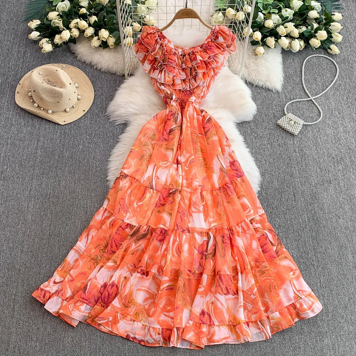 coral chiffon maxi dress SSYS Leland V Neck Sleeveless Pleated Chiffon Maxi Dress In Coral