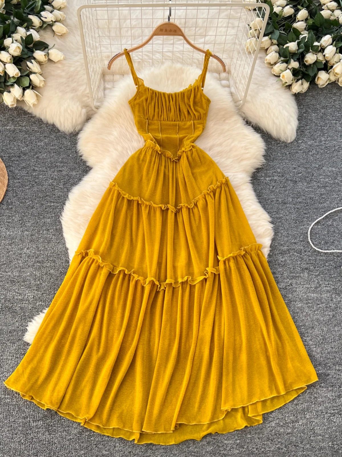 Mustard Yellow Tiered Ruffle Maxi Dress Flowy