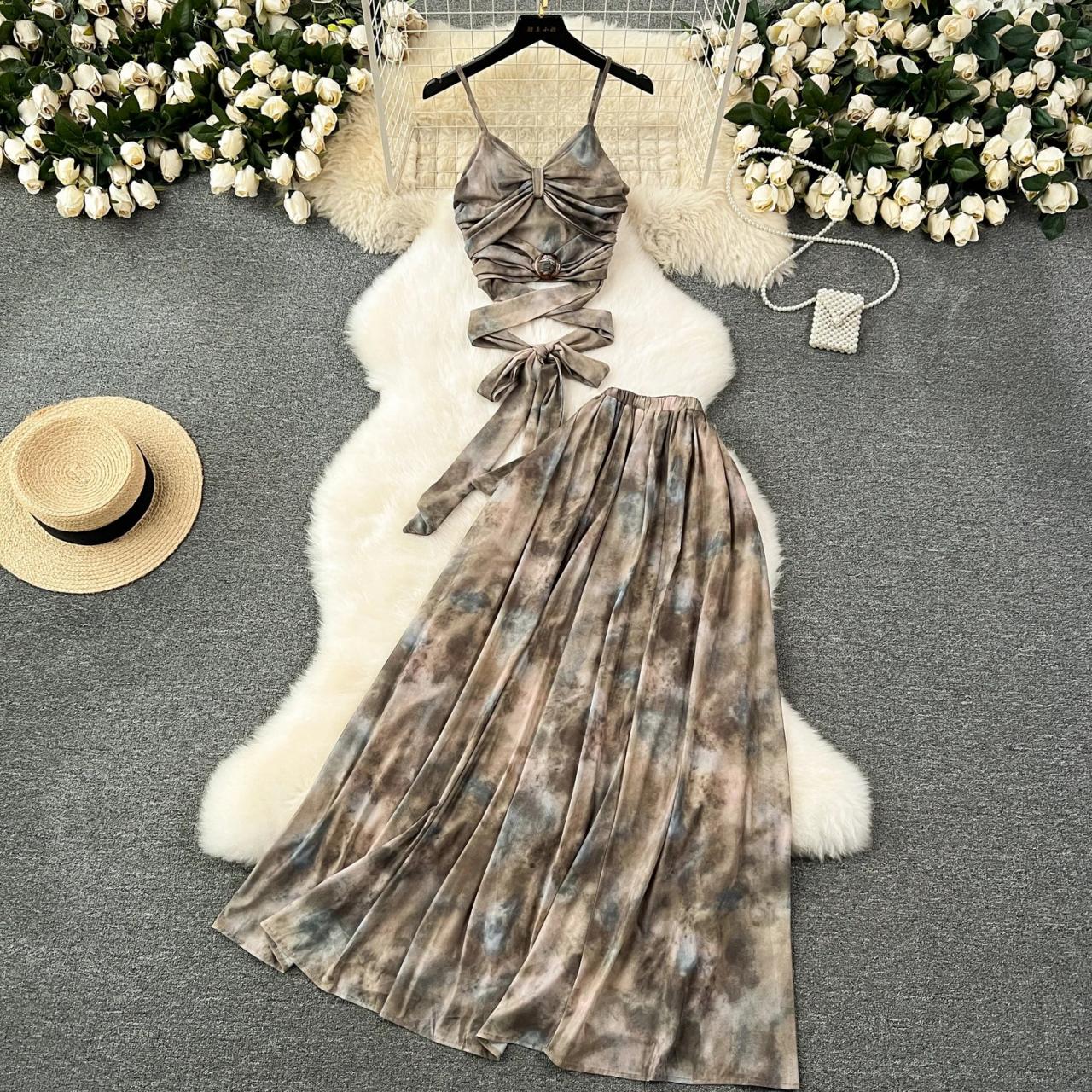 Stunning Brown Tie-dye Sleeveless Dress With Skirt