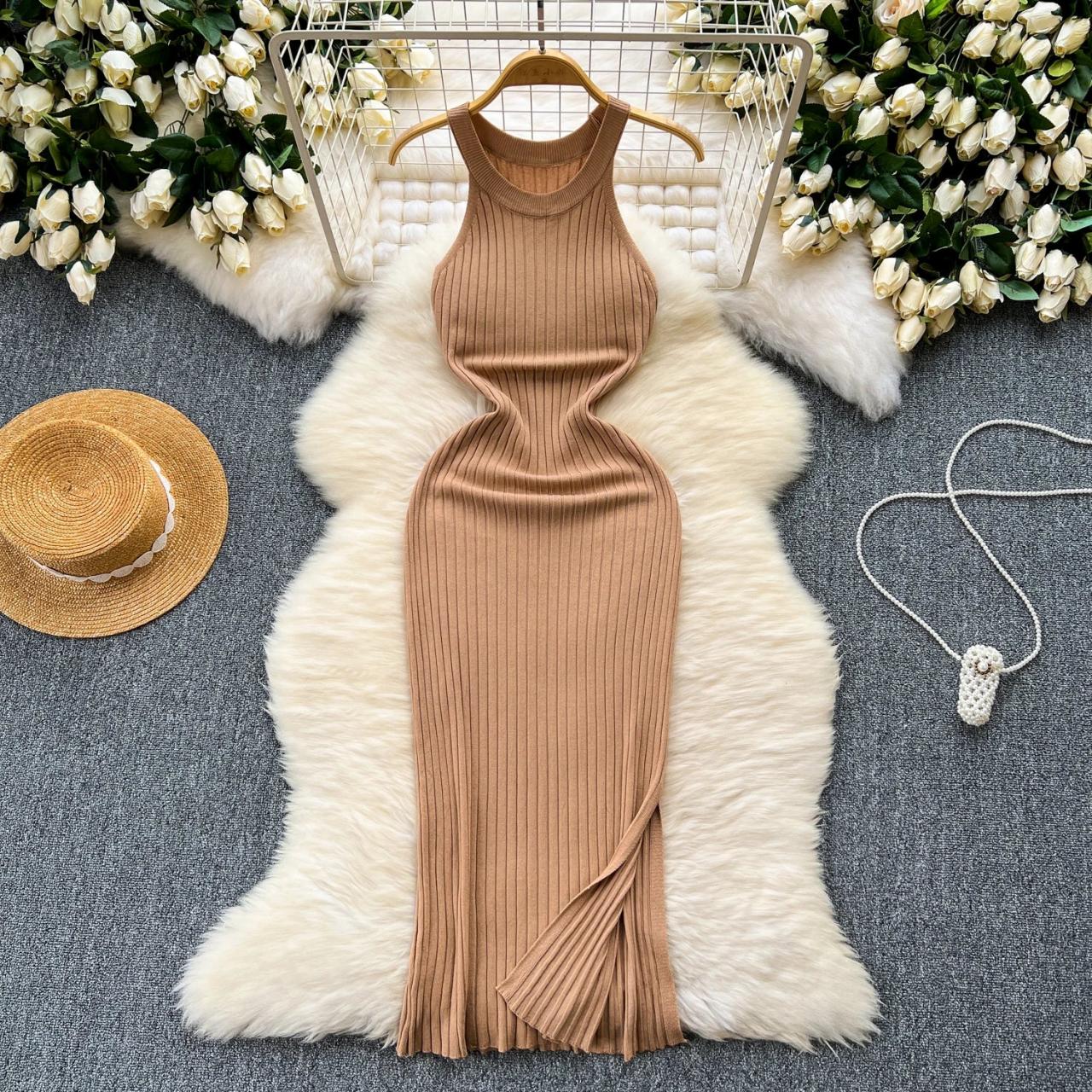beige maxi bodycon dress Beige Halter Neck Bodycon Maxi Dress main image 0