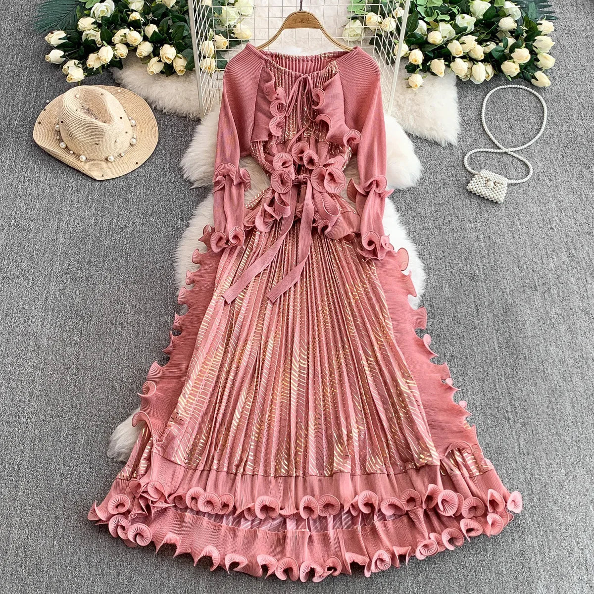 Pink Ruffled Long Sleeve Maxi Dress Floral on Luulla