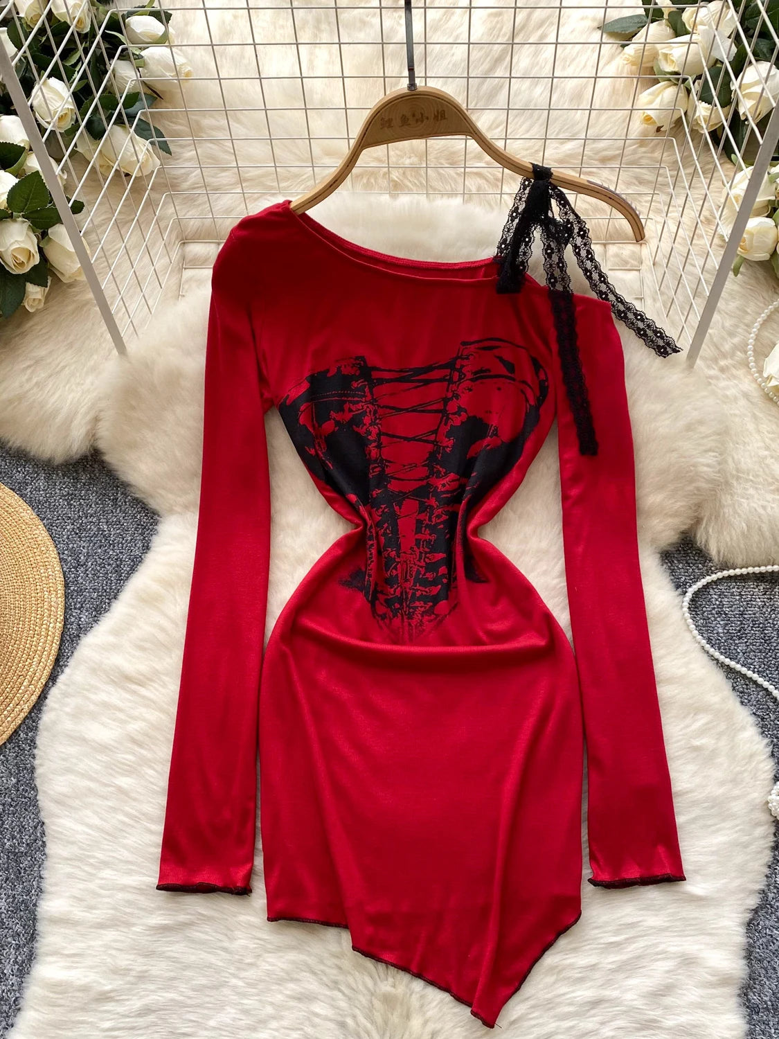 Red Lace One-shoulder Gothic Bodycon Dress