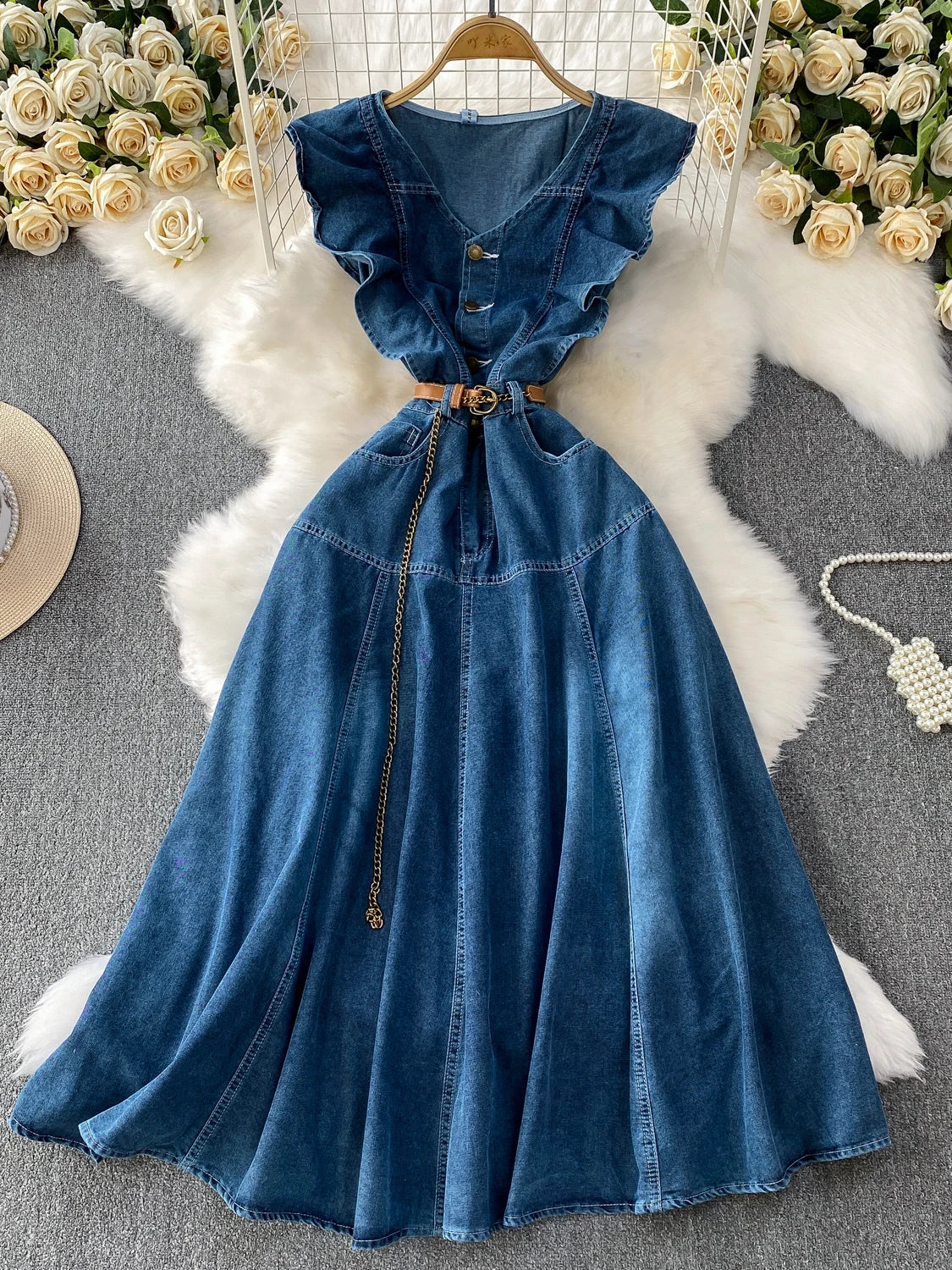 Denim Blue Ruffled Belted Maxi Dress with Buttons