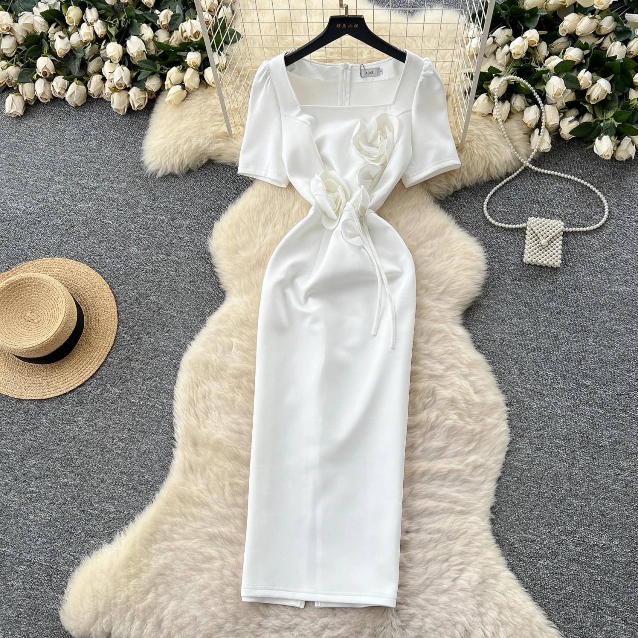 White Floral Midi Dress with Puff Sleeves