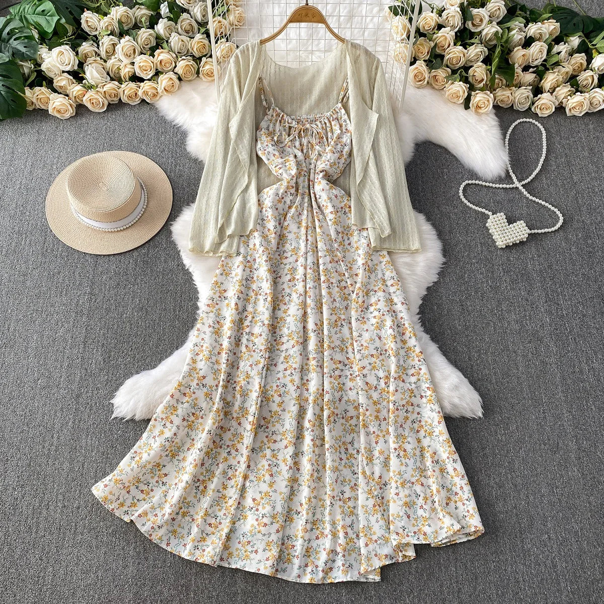 floral maxi dress with cardigan Floral Maxi Piece Dress Cotton Floral Print Strap Maxi Dress And Openwork  Cardigan Two-Piece Set,