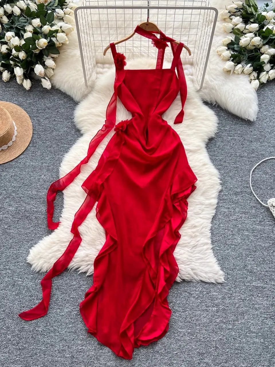 Red Backless Ruffled Maxi Dress With Straps