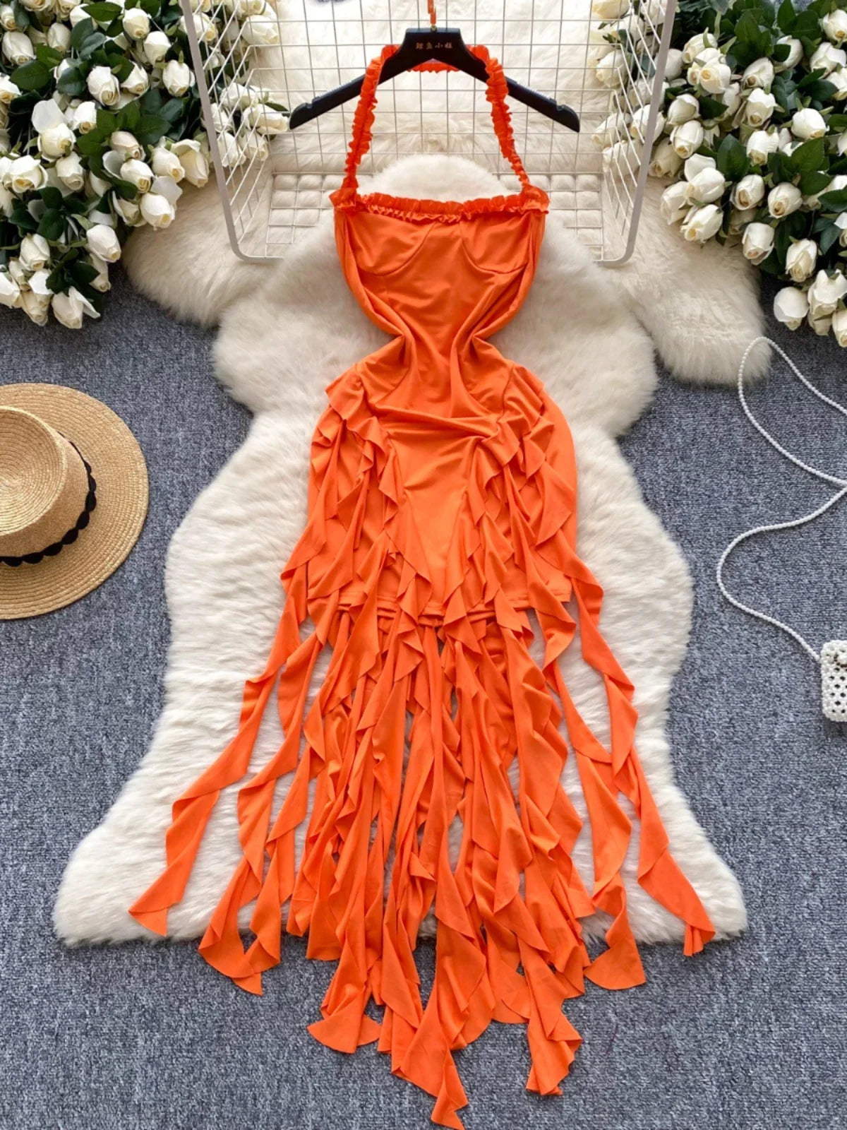 Vibrant Orange Halter Fringed Maxi Dress Stunning