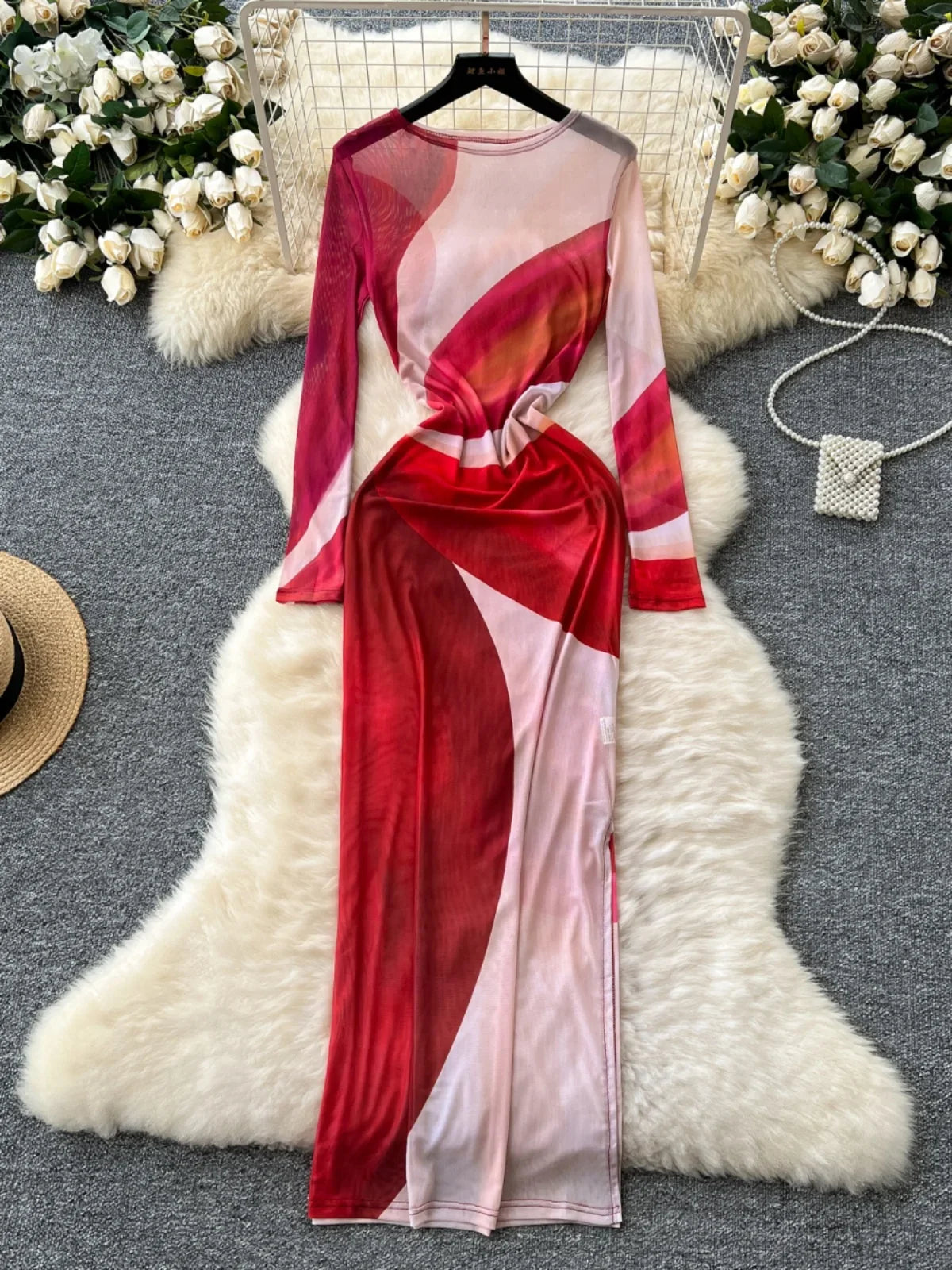 chinese dress ladies Red Printed Mesh Long Sleeve Bodycon Midi Dress – AX Paris
