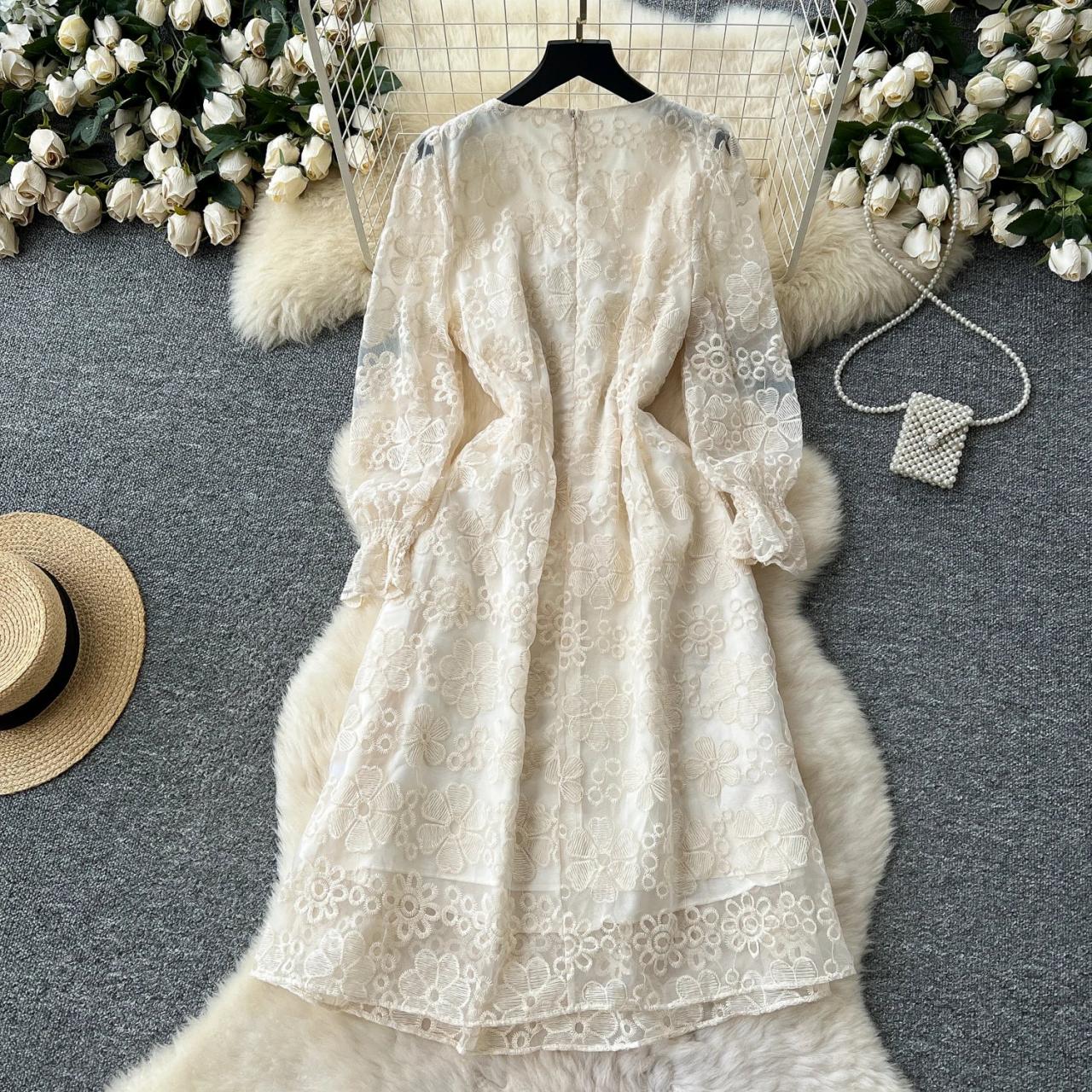 cream lace midi dress with sleeves Cream Lace Button-Front Midi Dress by N/A Boutique Brand