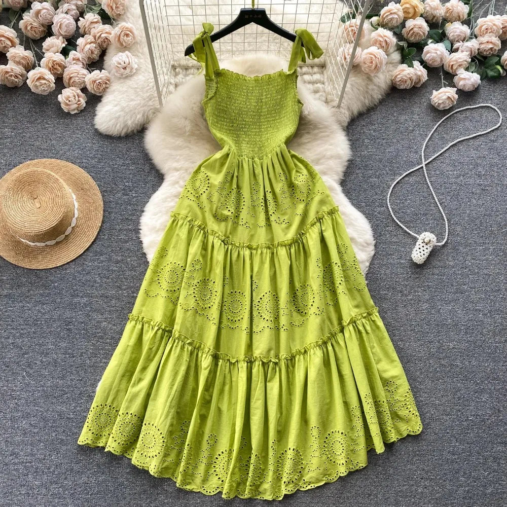 Lime Green Sleeveless Eyelet Tiered Maxi Dress