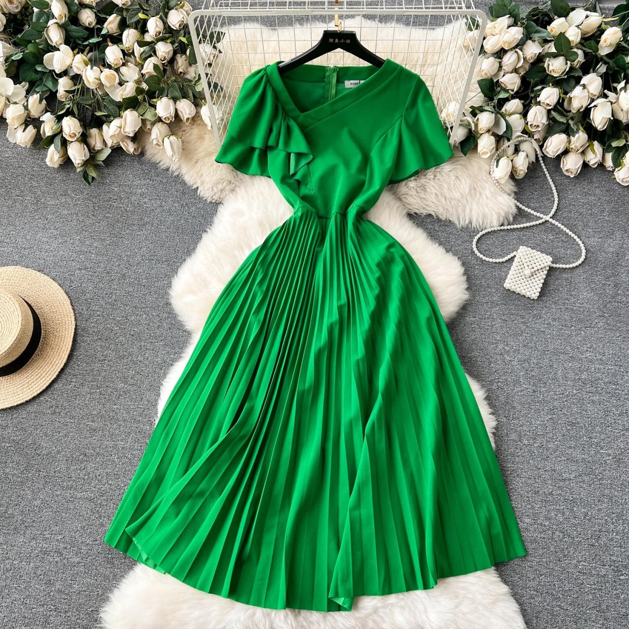 slim fit dress slacks Marina Women's Sleeveless Pleated Dress, Green, 4