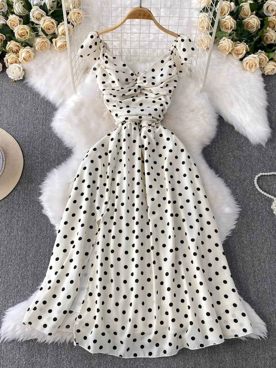 white and gold polka dot dress Solada Polka Dot Halter Maxi Dress