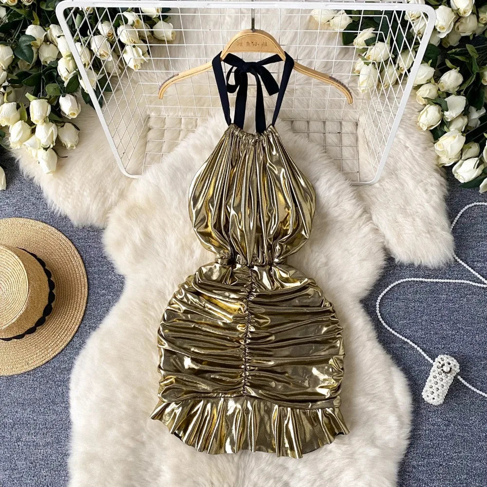 Metallic Gold Ruched Halter Neck Mini Dress