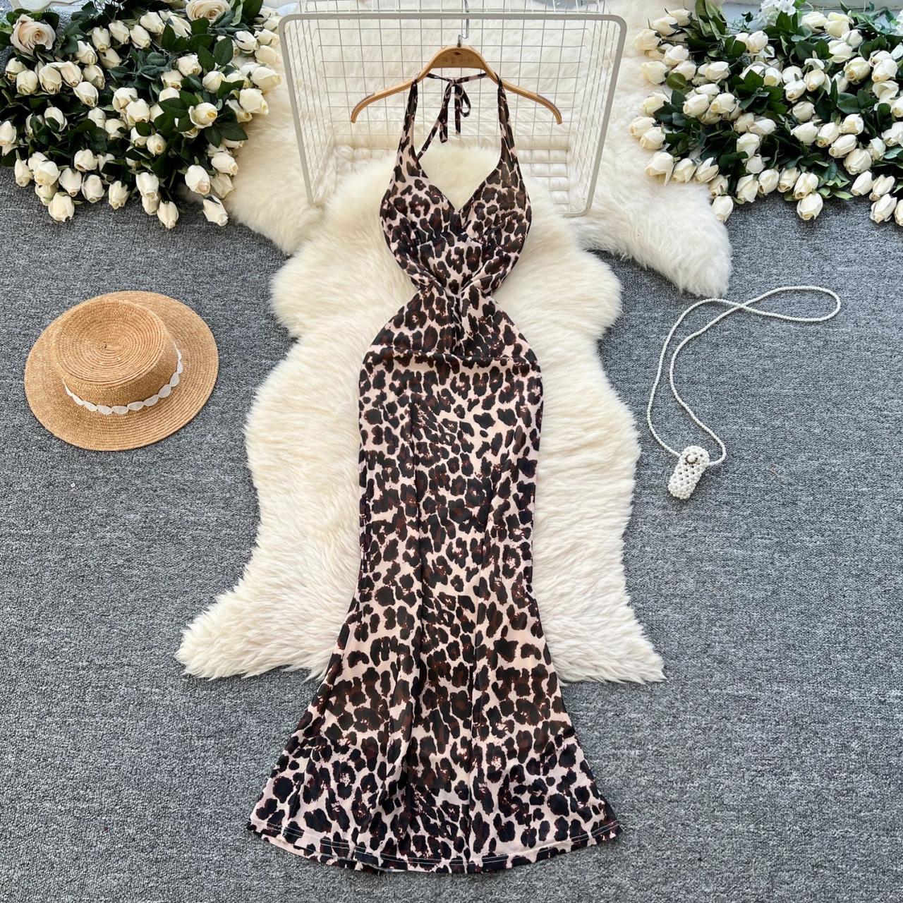 knee length dresses for ladies AiiRZ AiiRZ Leopard Print Maxi Dress Spaghetti Strap Loose Fit Trapeze Summer Holiday Beach Resort Wear Flowy Long Dress with Animal Design Pattern main image 0