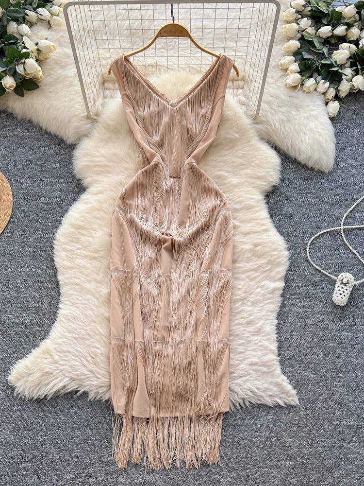 Pink Fringe Sleeveless V-Neck Party Dress