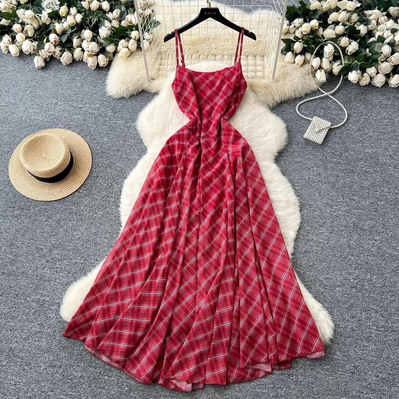 Red Plaid Spaghetti Strap Maxi Summer Dress
