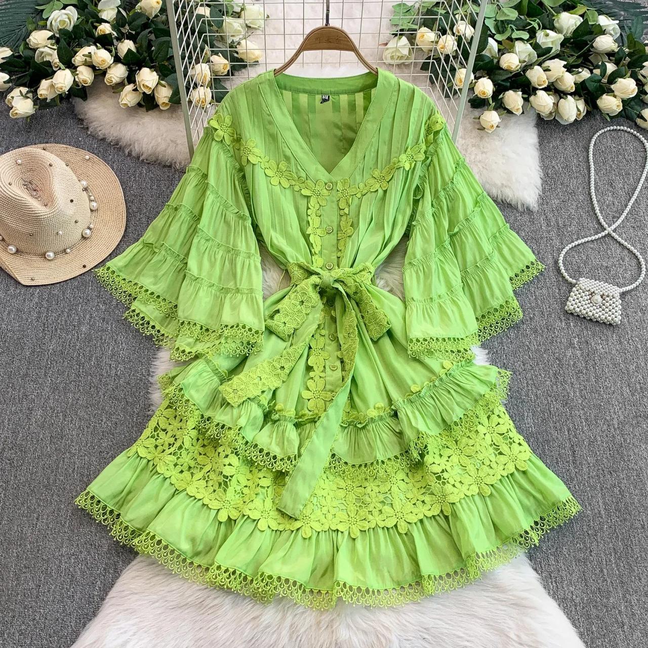Lime Green Lace Ruffle Wrap Dress Elegant
