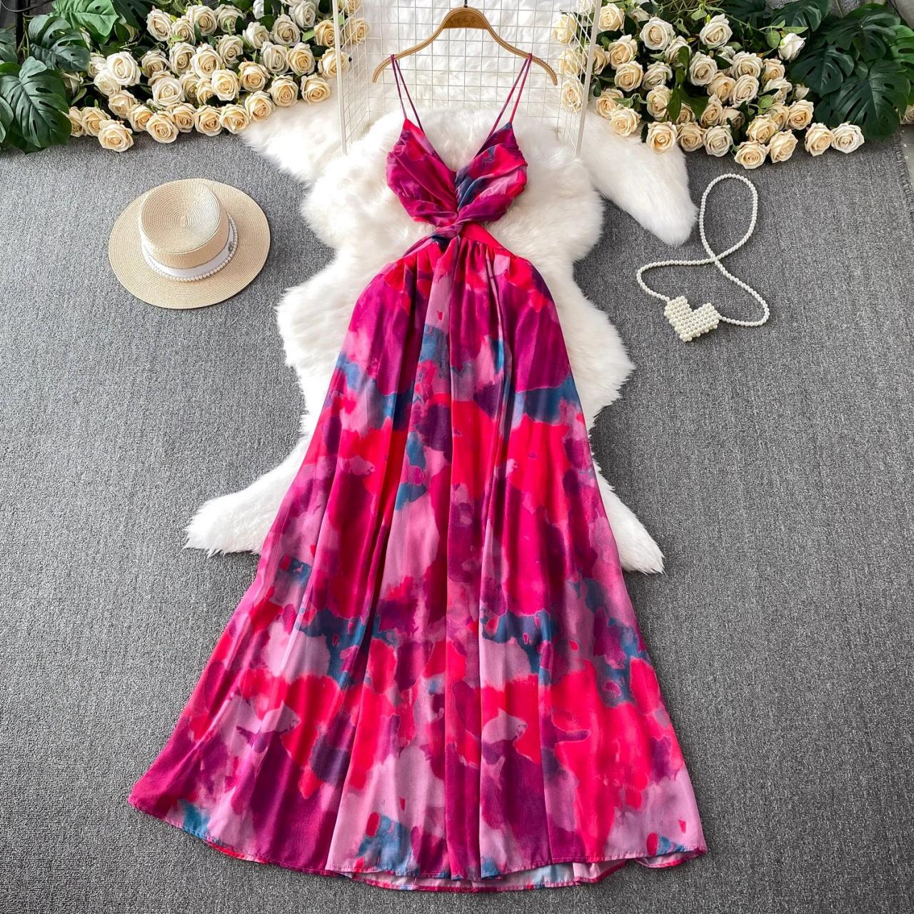 Vibrant Pink Floral Maxi Dress with Straps