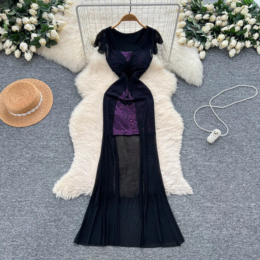 chinese dress ladies Zinnie | Black Cape-Sleeve Maxi Dress with Mesh Panel main image 0