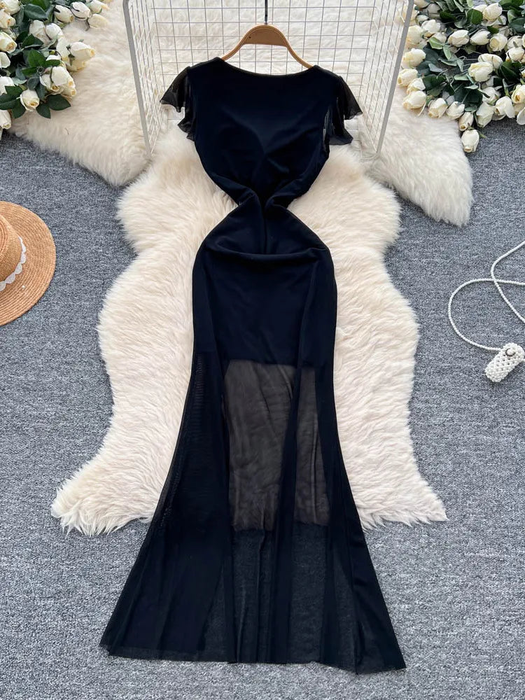 chinese dress ladies Sequin Sheer Mesh Maxi Dress Gold / S main image 1