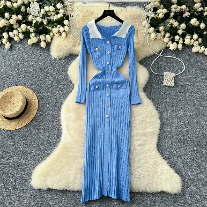 Blue Ribbed Long Sleeve Button-Up Maxi Dress